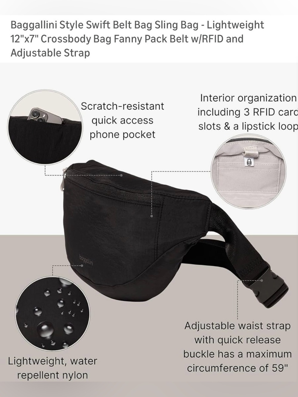 Baggallini Black Crossbody Belt Bag - Picture 2 of 11